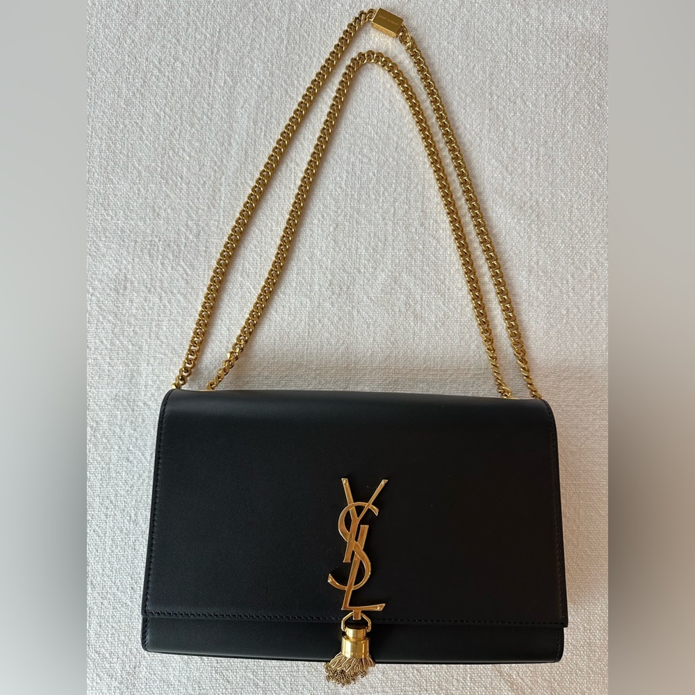 Authentic SAINT LAURENT YSL Monogram handbag, leather, Gold Chain w/ Tassel.